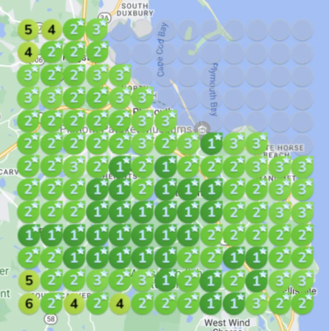 Google ranking map after — ranking in the top 1–3 across the service area