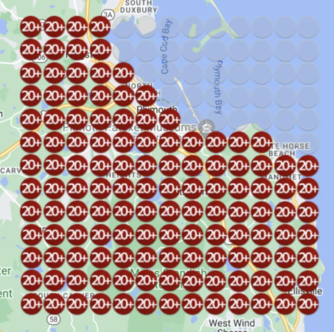 Google ranking map before — buried beyond the top 20 across the service area